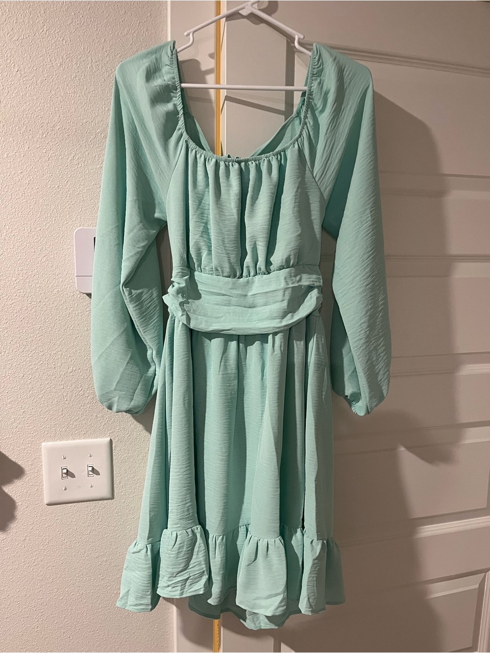 Long Sleeve Mint Green Ruffle-Hem Dress